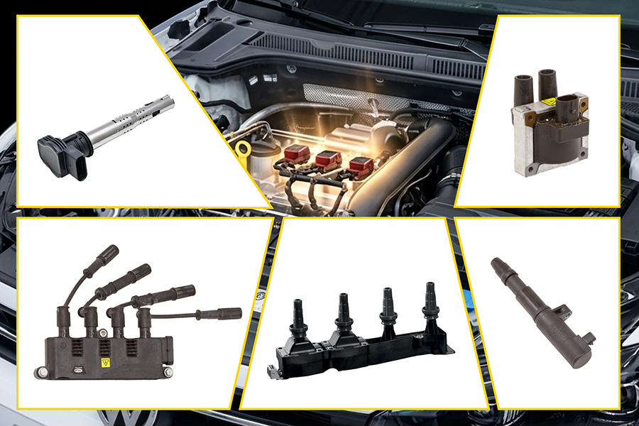 Bobinas de ignição OE no motor e diferentes tipos para o mercado de reposição: pencil, padrão, plug top e near plug