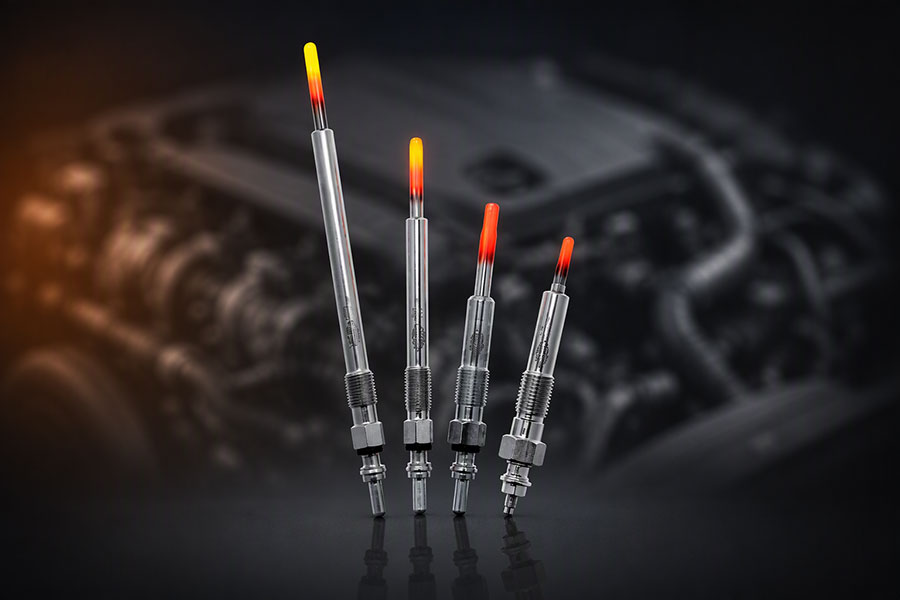 Quatro velas de incandescência para motores diesel com pontas incandescentes e fundo de motor desfocado.