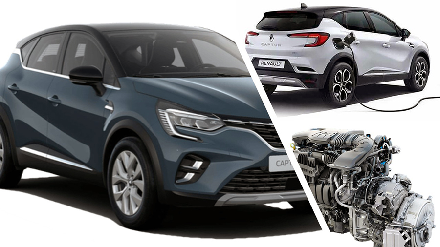 Composição que mostra o Renault Captur em vista frontal de três quartos, vista traseira de três quartos com cabo de carregamento ligado e vista parcial do motor