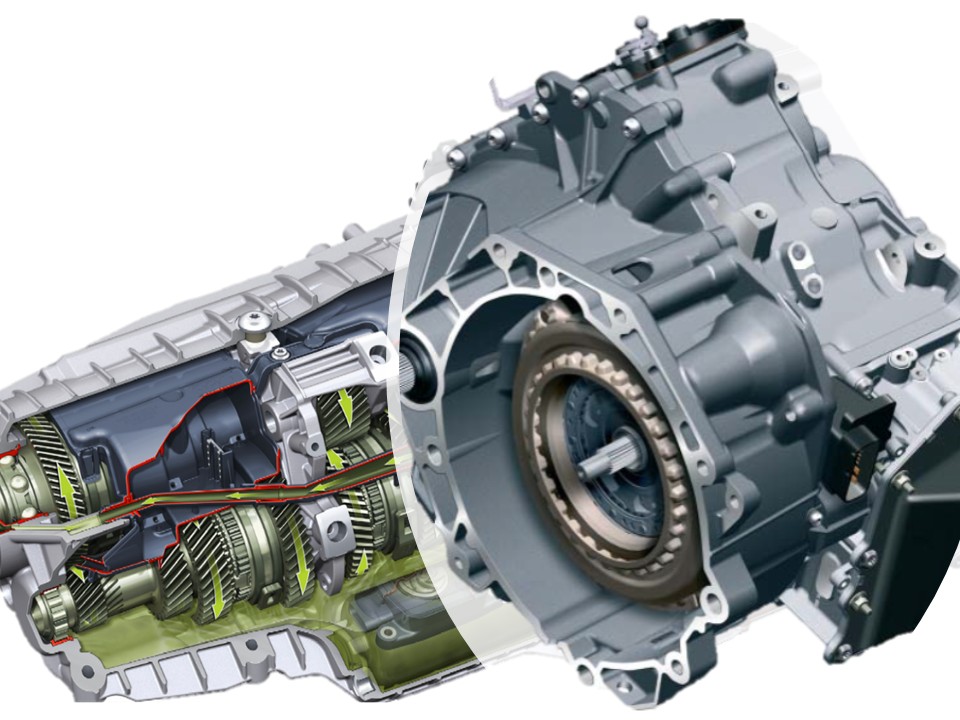 Transmissão DSG do grupo VAG em corte mostrando sistema de dupla embraiagem e mecatrónica