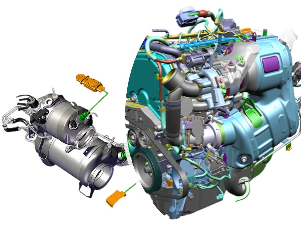 Motor Fiat 1.600 MultiJet com detalhe do sistema de escape e pós-tratamento Euro 6D Final